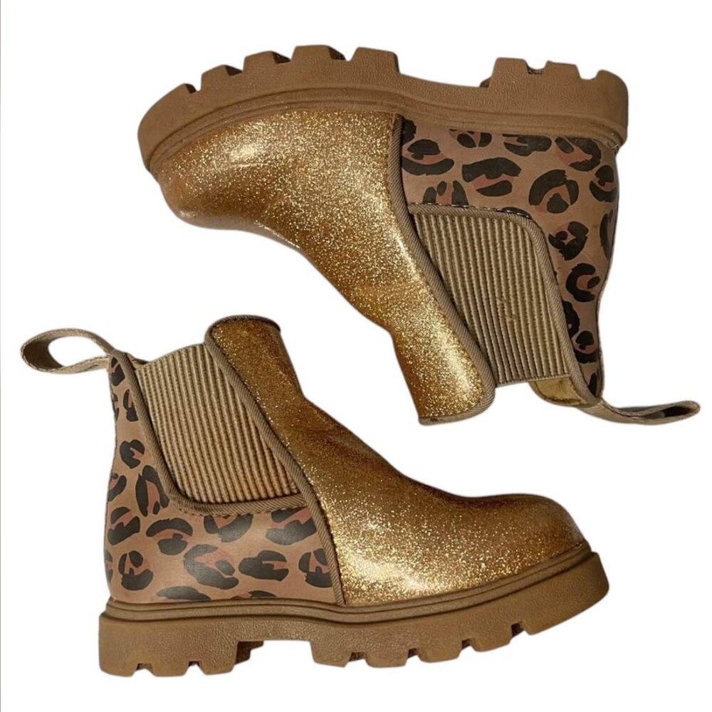 Native Kensington Treklite Glitter Gold Cheetah Chelsea Boots Girls size c6